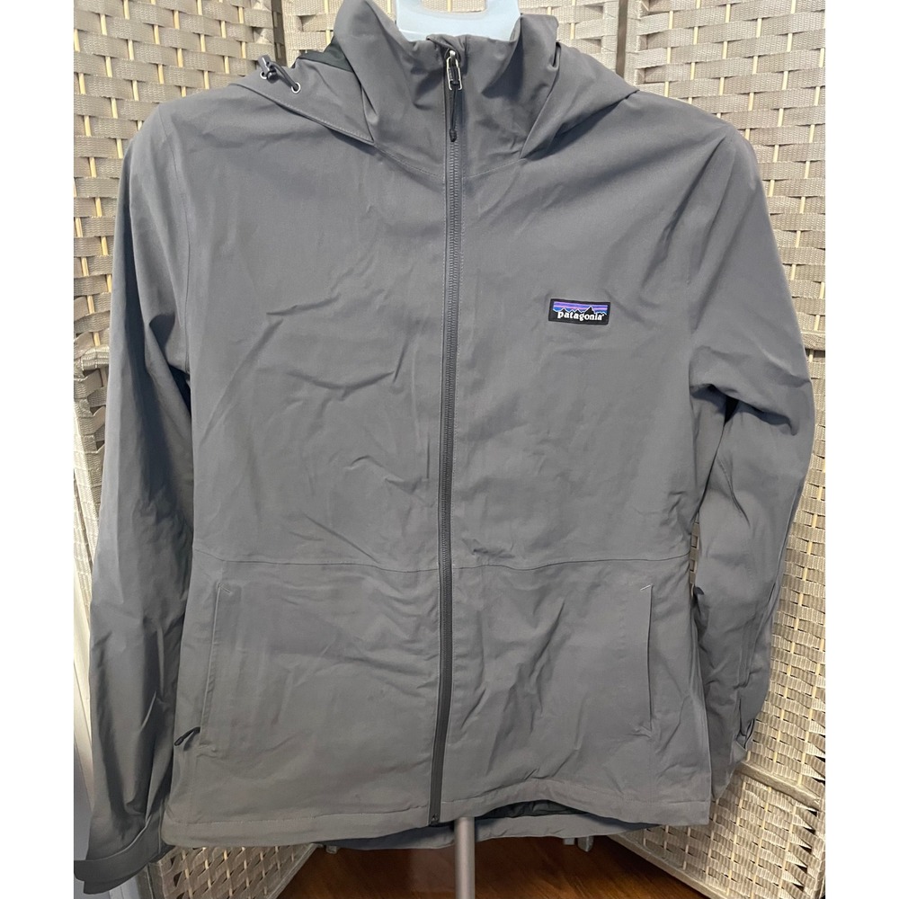 Patagonia Mens Hooded Rain Jacket Full Zip Gray Shell Coat P-6 Logo Size S